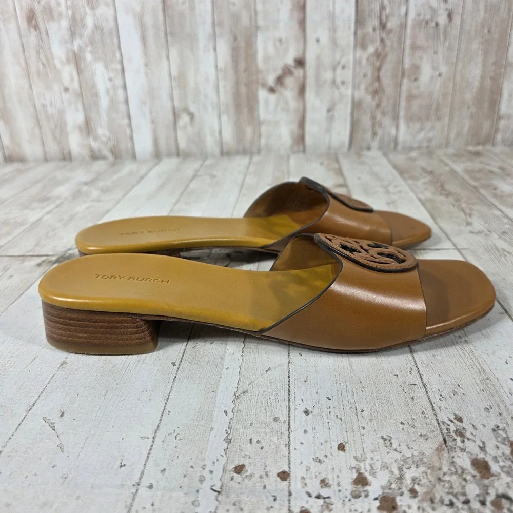 Tory Burch Miller 35mm Tan Leather Block Heel Slide Sandals 7.5M Square Toe